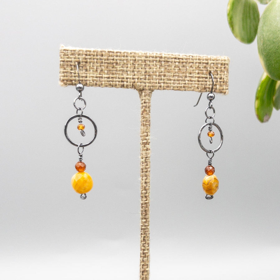 Handmade crazy lace agate and hessionite oxidized sterling silver earrings