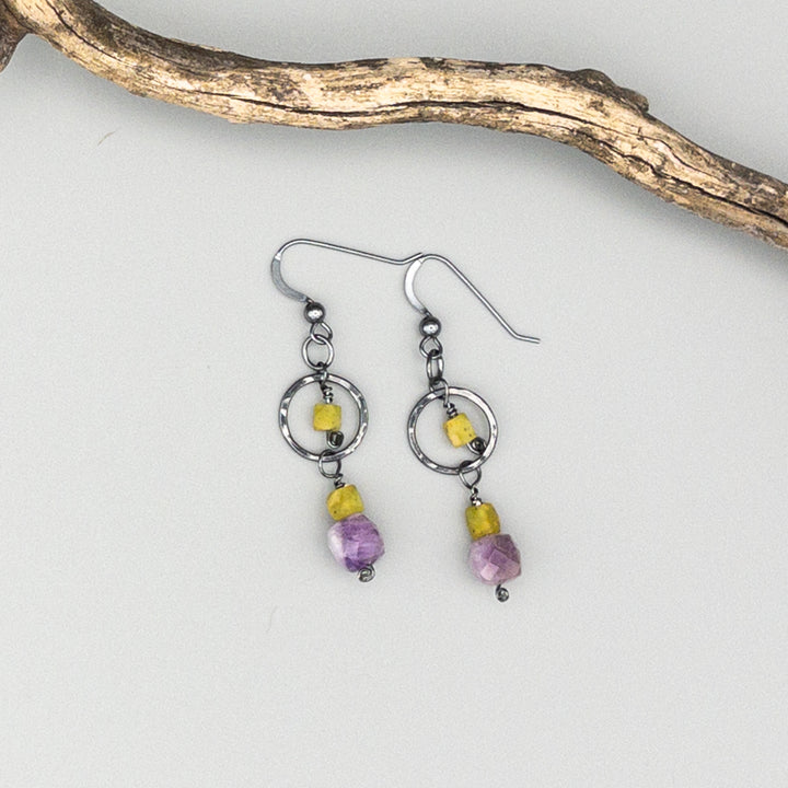 Oxidized sterling silver, amethyst, and afghan jade earrings detail image