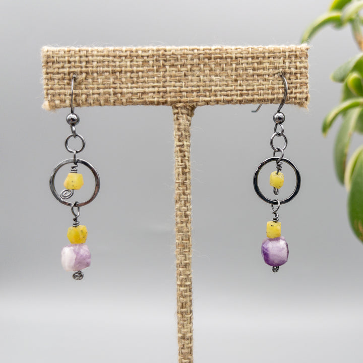 Oxidized sterling silver, amethyst, and afghan jade earrings