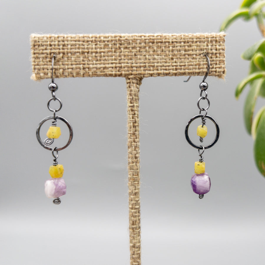 Oxidized sterling silver, amethyst, and afghan jade earrings