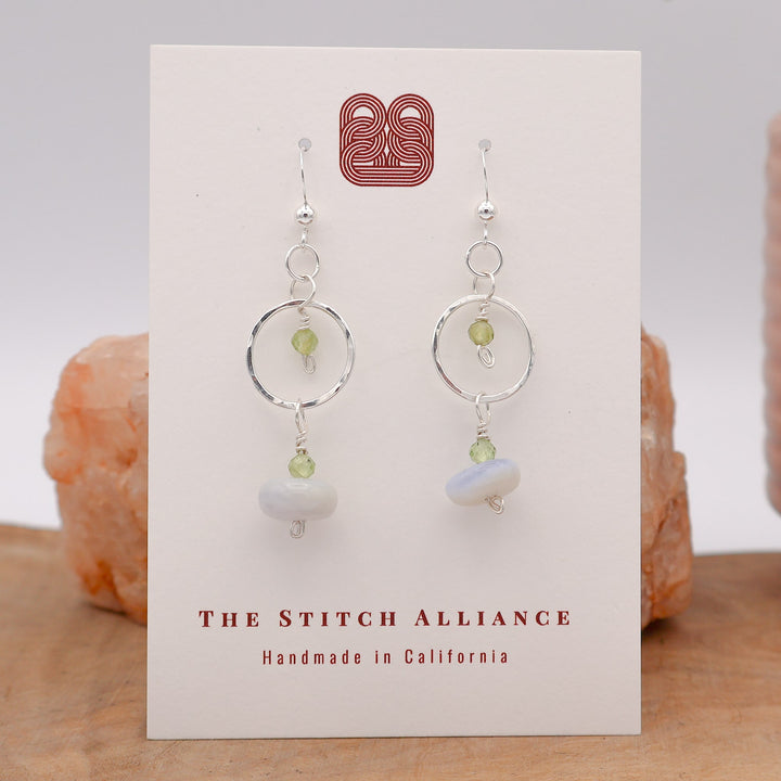 sterling silver blue lace agate peridot dangle earrings