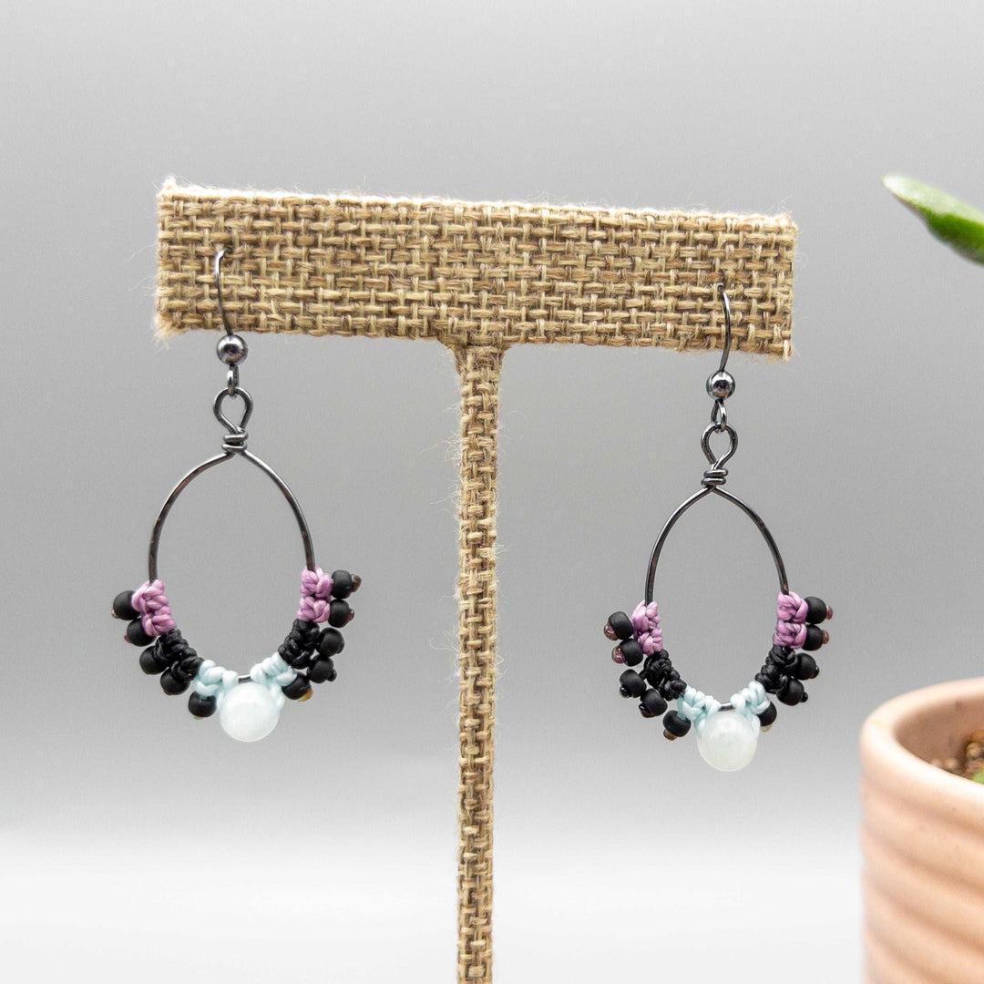 macrame hoop earrings sterling silver, aquamarine beads