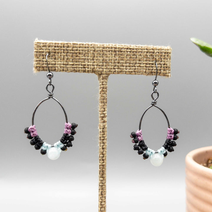 macrame hoop earrings sterling silver, aquamarine beads