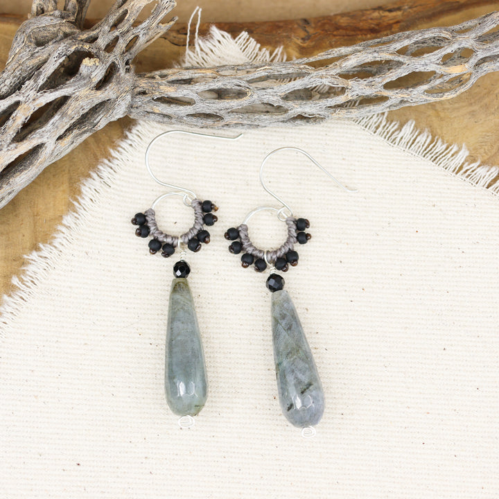sterling silver, labradorite, black spinel handmade earrings