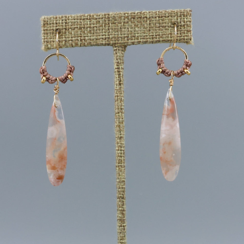cherry blossom agate handmade macrame hoop earrings in gold fill