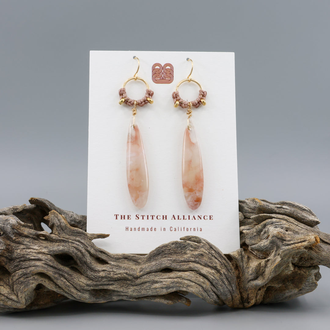 cherry blossom agate handmade macrame hoop earrings in gold fill on a white card