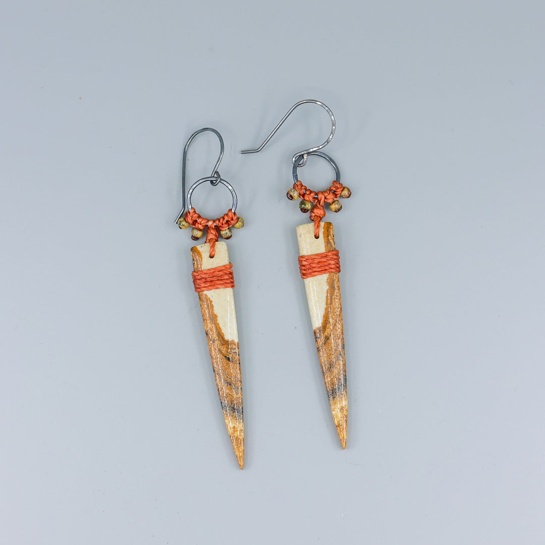 picture jasper, oxidized sterling silver, and macrame earrings on gray background
