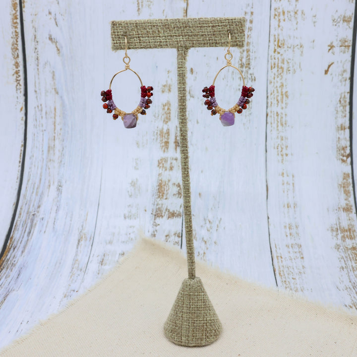 handmade 14k gold filled oval hoops with macrame and an amethyst bead