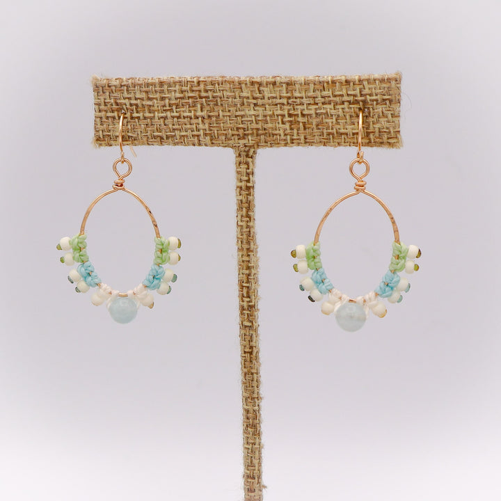 gold filled macrame hoop earrings aquamarine bead