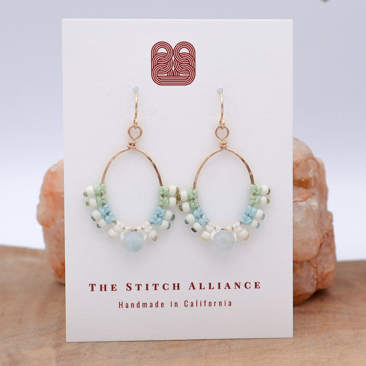 gold filled macrame hoop earrings aquamarine bead