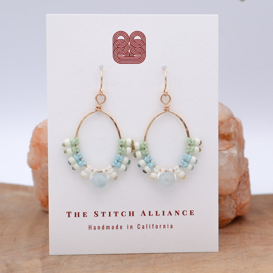gold filled macrame hoop earrings aquamarine bead