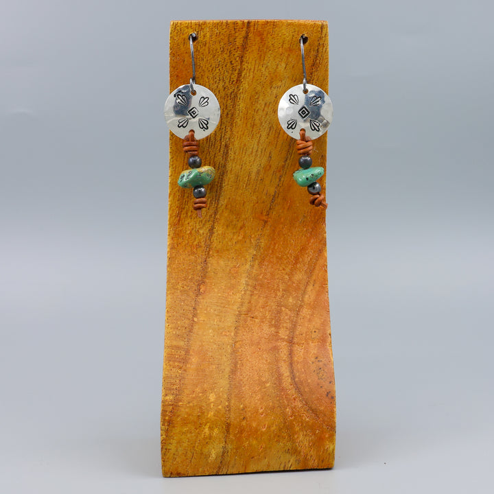 turquoise, leather,  and stamped sterling silver earrings