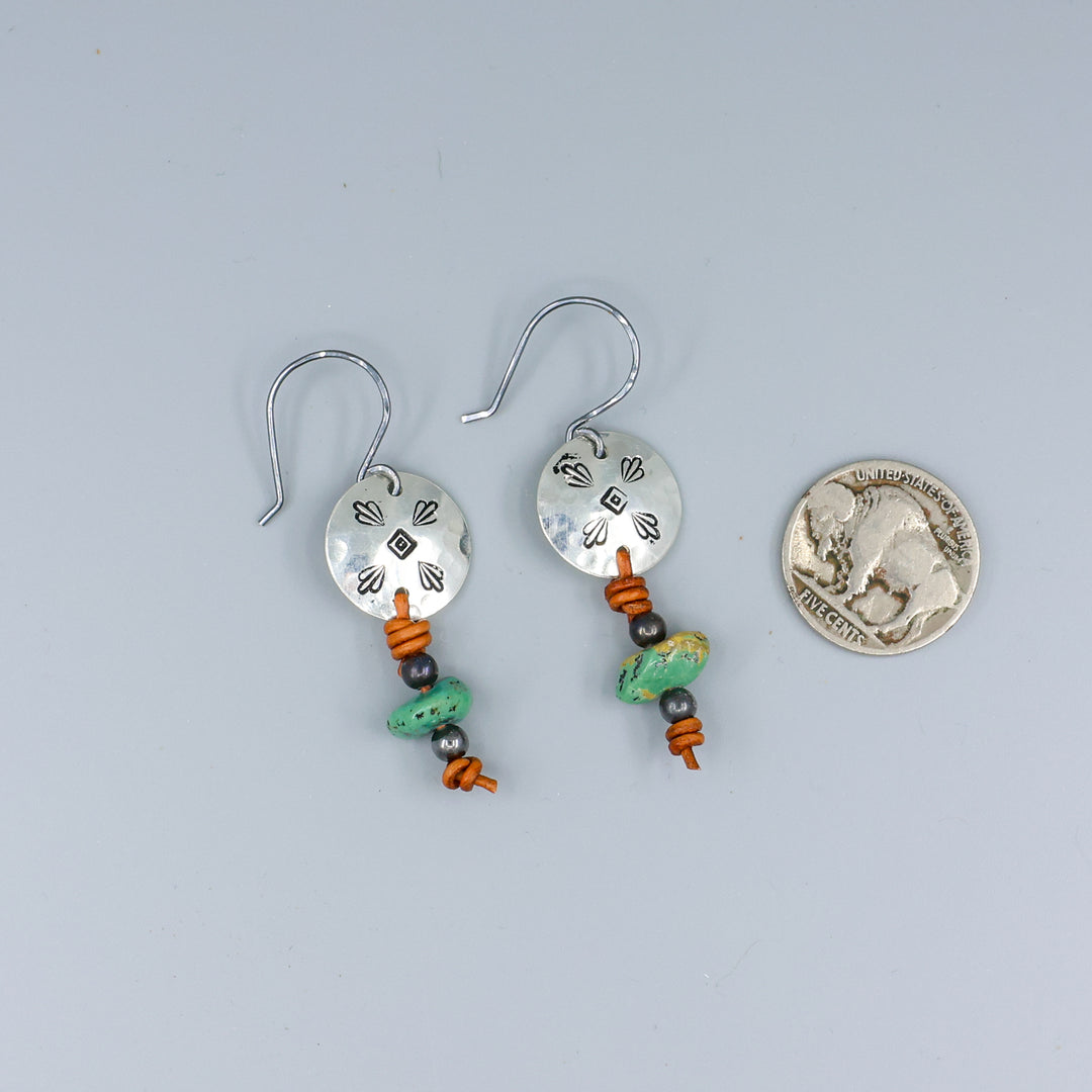 turquoise and stamped sterling silver earrings with coin for comparison