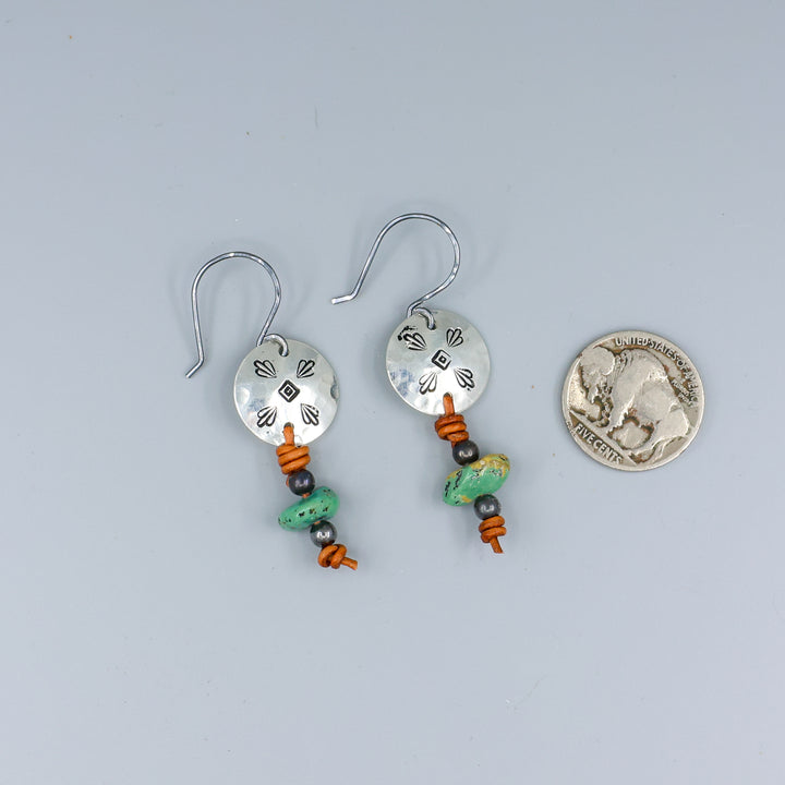 turquoise and stamped sterling silver earrings with coin for comparison