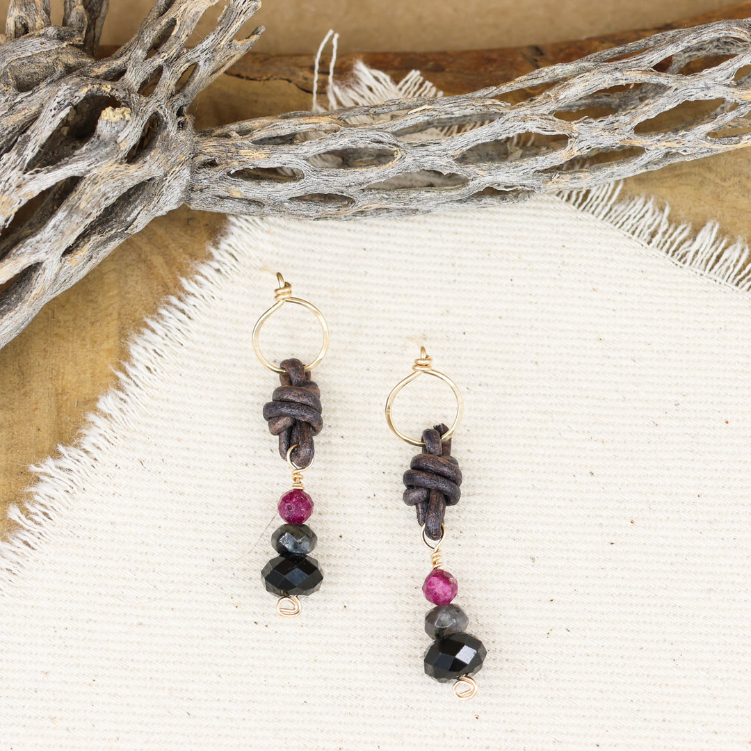 black tourmaline, larvikite, and lapis lazuli 14k gold filled leather earrings