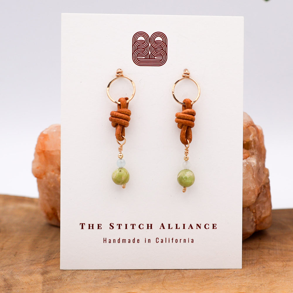 leather, peridot, aquamarine gold filled earrings