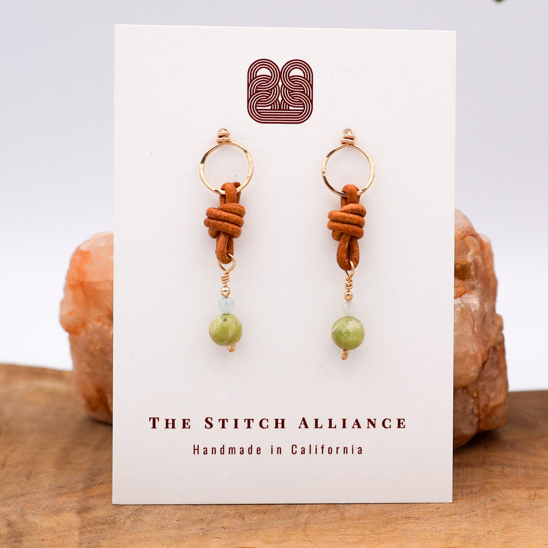 leather, peridot, aquamarine gold filled earrings