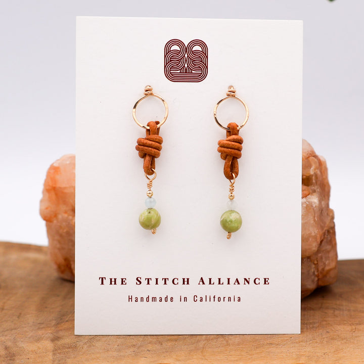 leather, peridot, aquamarine gold filled earrings