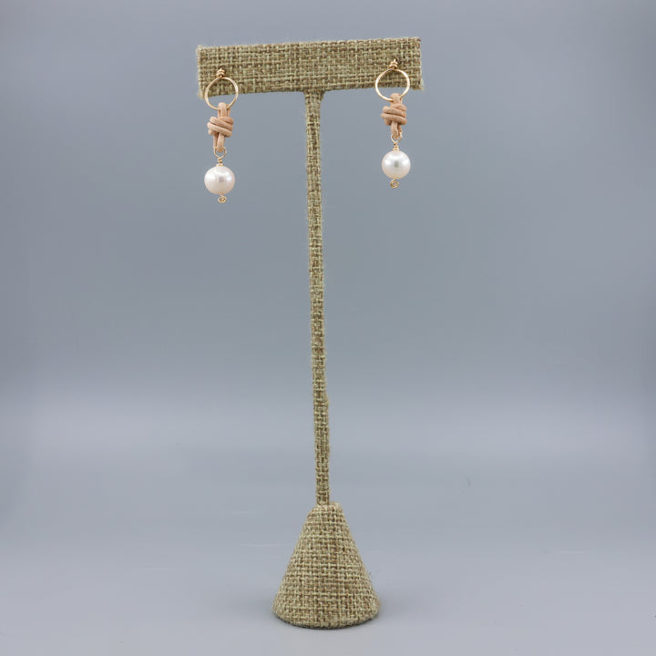 freshwater pearl, leather, and gold fill handmade earrings