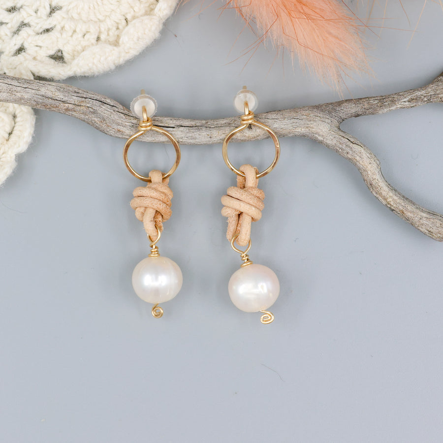 freshwater pearl, leather, and gold fill handmade earrings