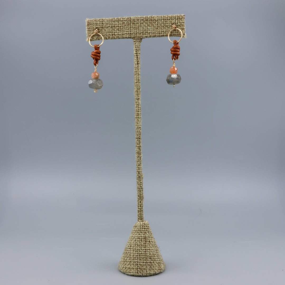 labradorite, sunstone, gold fill, and leather handmade drop earrings