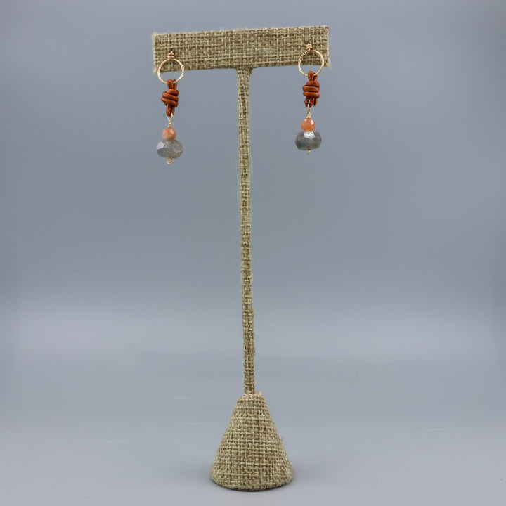 labradorite, sunstone, gold fill, and leather handmade drop earrings