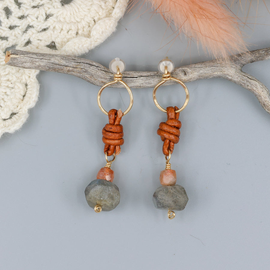 labradorite, sunstone, gold fill, and leather handmade drop earrings