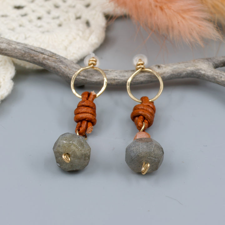 labradorite, sunstone, gold fill, and leather handmade drop earrings detail view