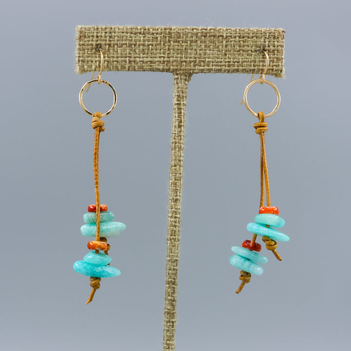 handmade gold fill and leather fringe earrings with amazonite and spiny oyster beads