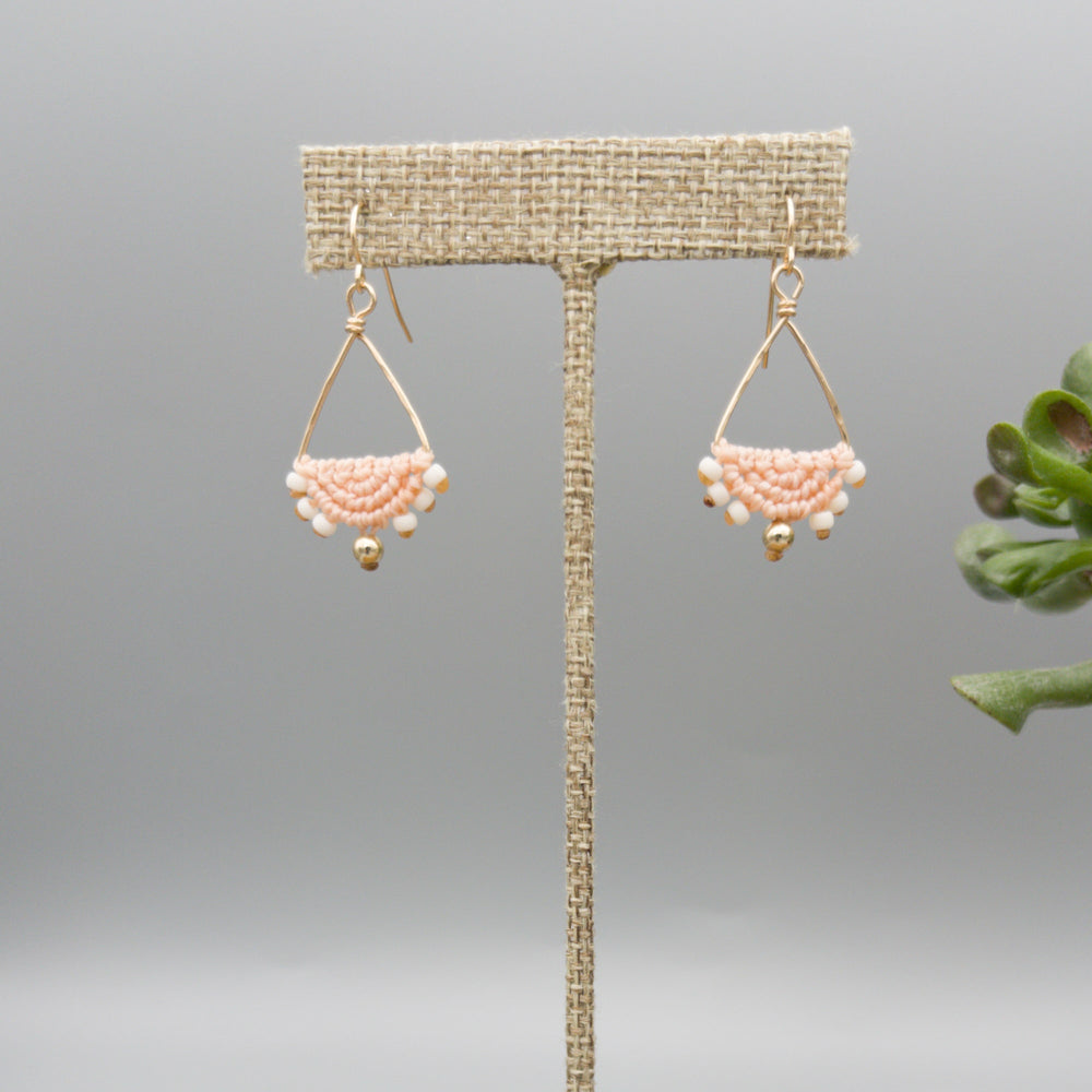 handmade triangle hoop peach macrame earrings gold fill