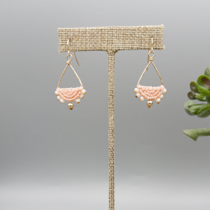 handmade triangle hoop peach macrame earrings gold fill