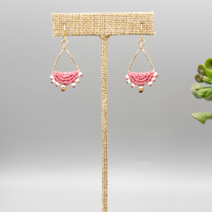 pink macrame triangle hoop earrings in gold fill