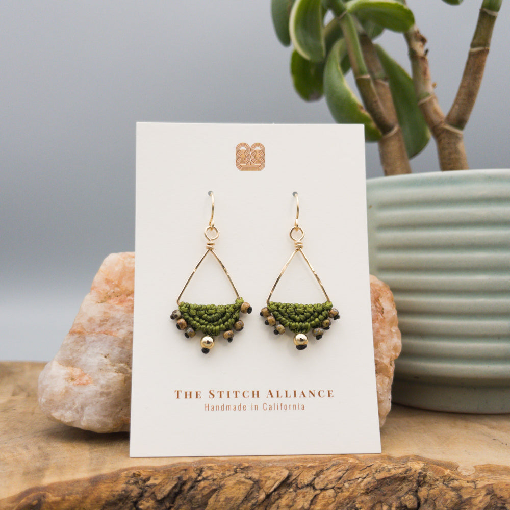 handmade gold fill triangle hoop macrame earrings in olive green