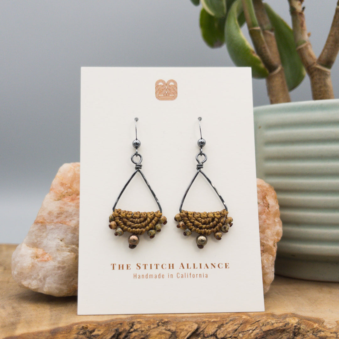 triangle hoop macrame earrings oxidized sterling silver old gold on white card