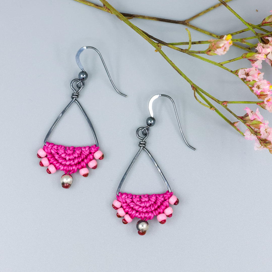handmade oxidized sterling silver triangle hoop earrings with bright pink macrame