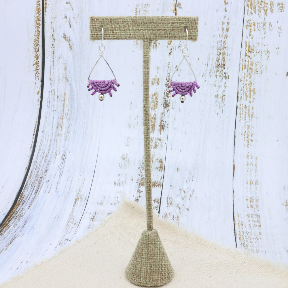 handmade sterling silver triangle hoops with purple macrame