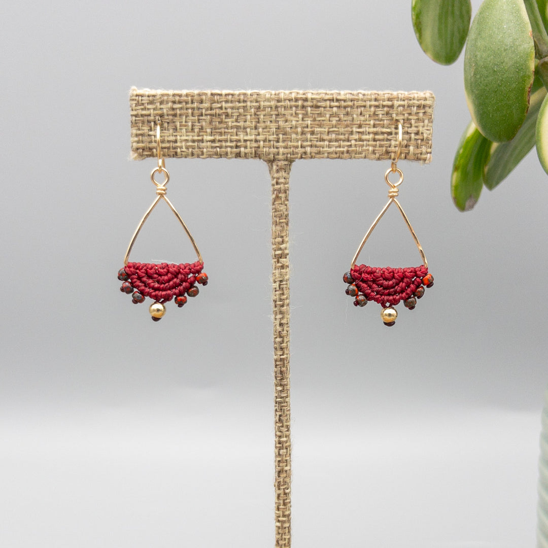 Macrame triangle hoop earrings gold fill deep red
