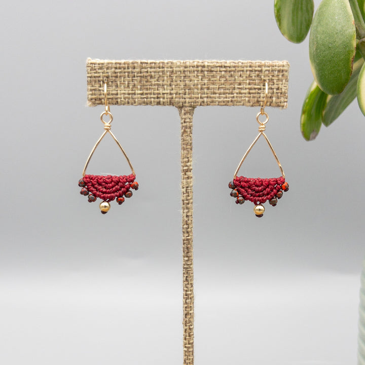 Macrame triangle hoop earrings gold fill deep red