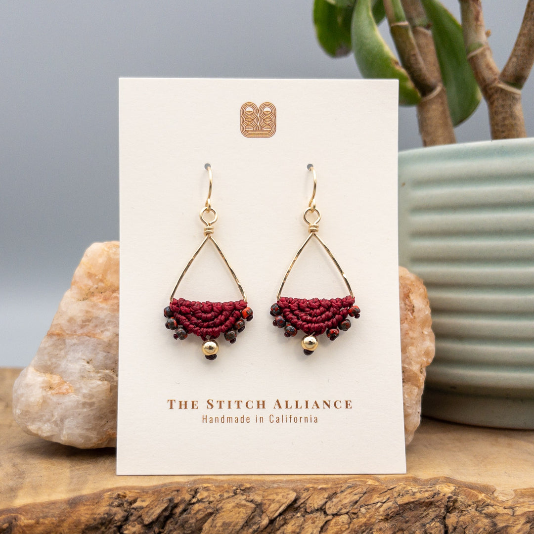 handmade Macrame triangle hoop earrings gold fill deep red