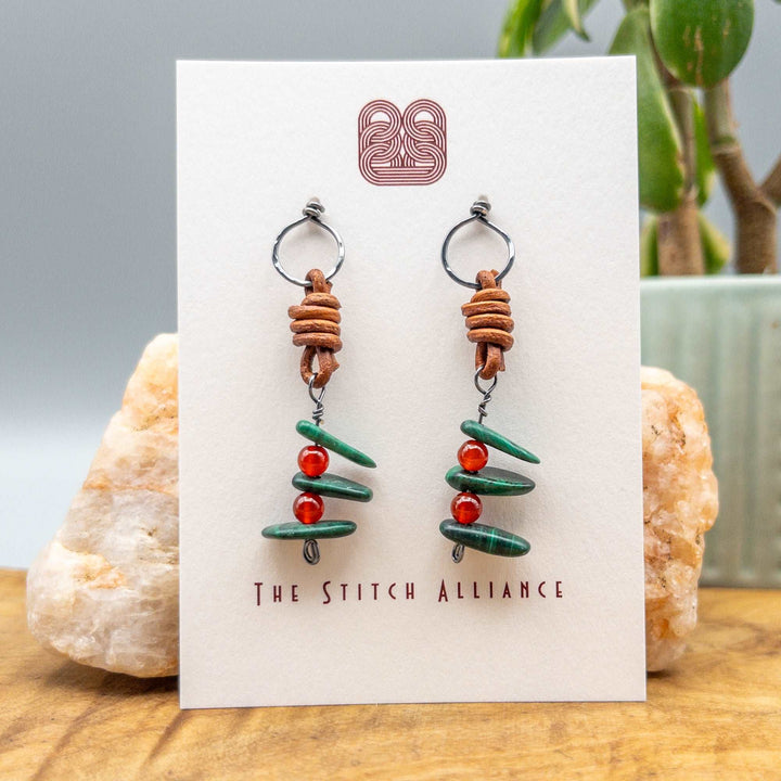 malachite carnelian stacked bead earrings