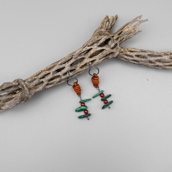 malachite carnelian stacked bead earrings oxidized sterling silver