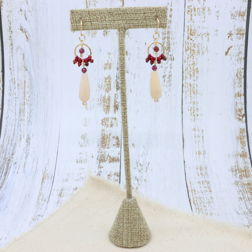handmade 14k gold fill dangle earrings with pink opal and garnet beads on linen hanger
