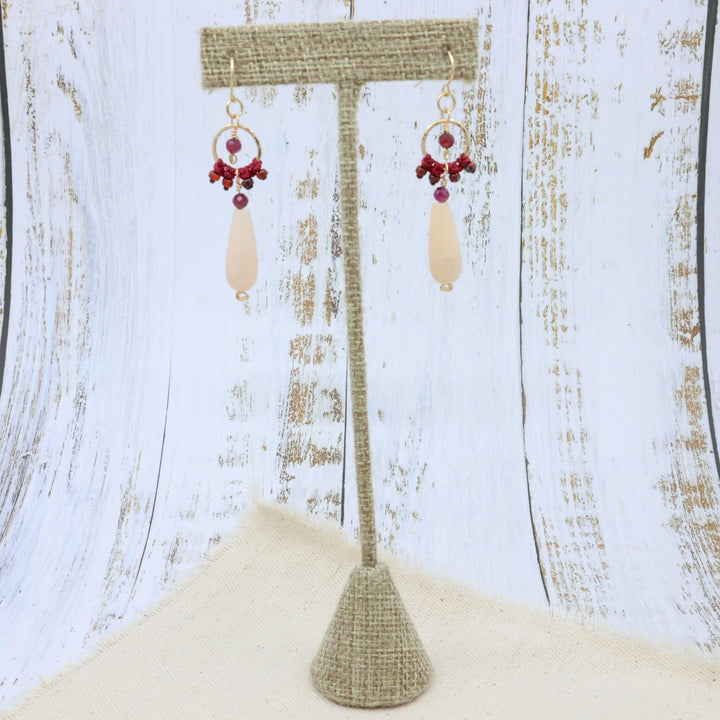 handmade 14k gold fill dangle earrings with pink opal and garnet beads on linen hanger
