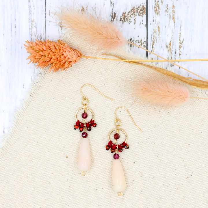 handmade 14k gold fill dangle earrings with pink opal and garnet beads