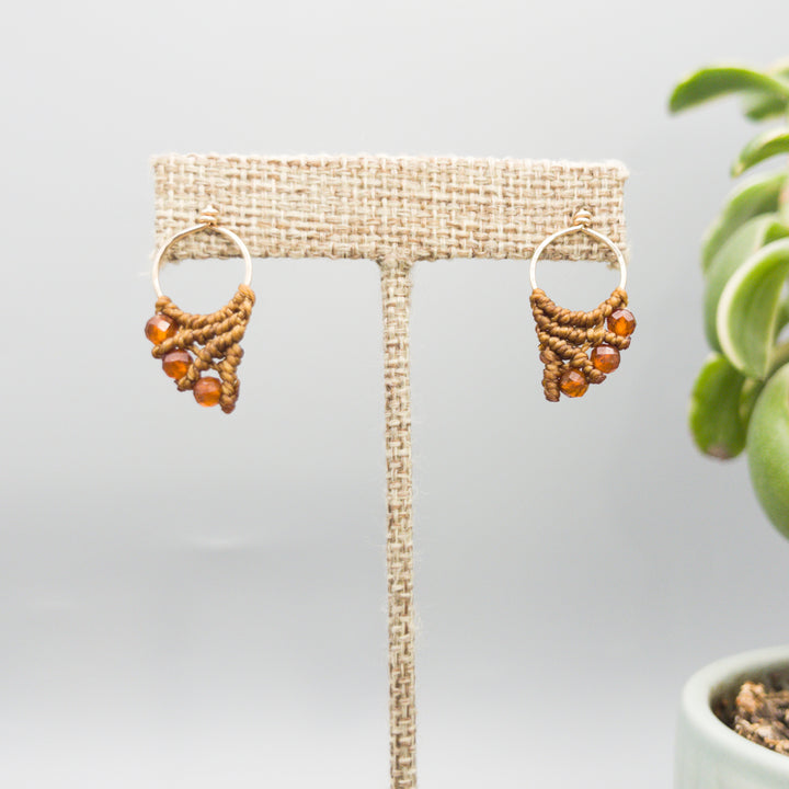handmade macrame earrings gold fill and hessonite