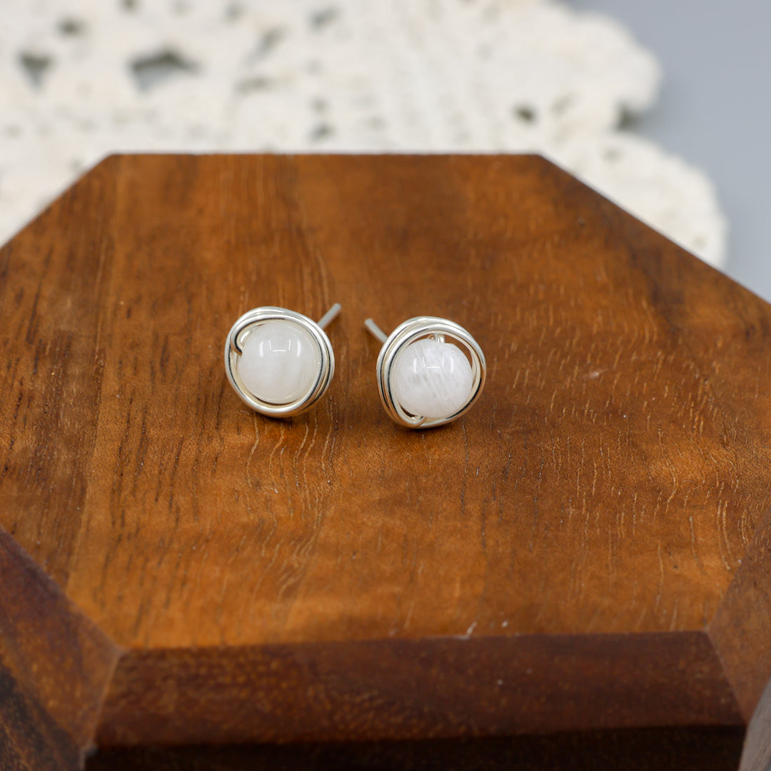 handmade moonstone and sterling silver wire wrapped stud earrings detail view
