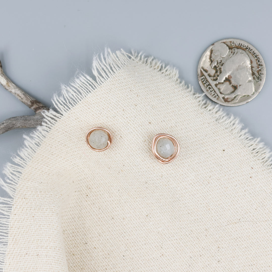 rose gold and labradorite wire wrapped stud earrings with coin for comparison