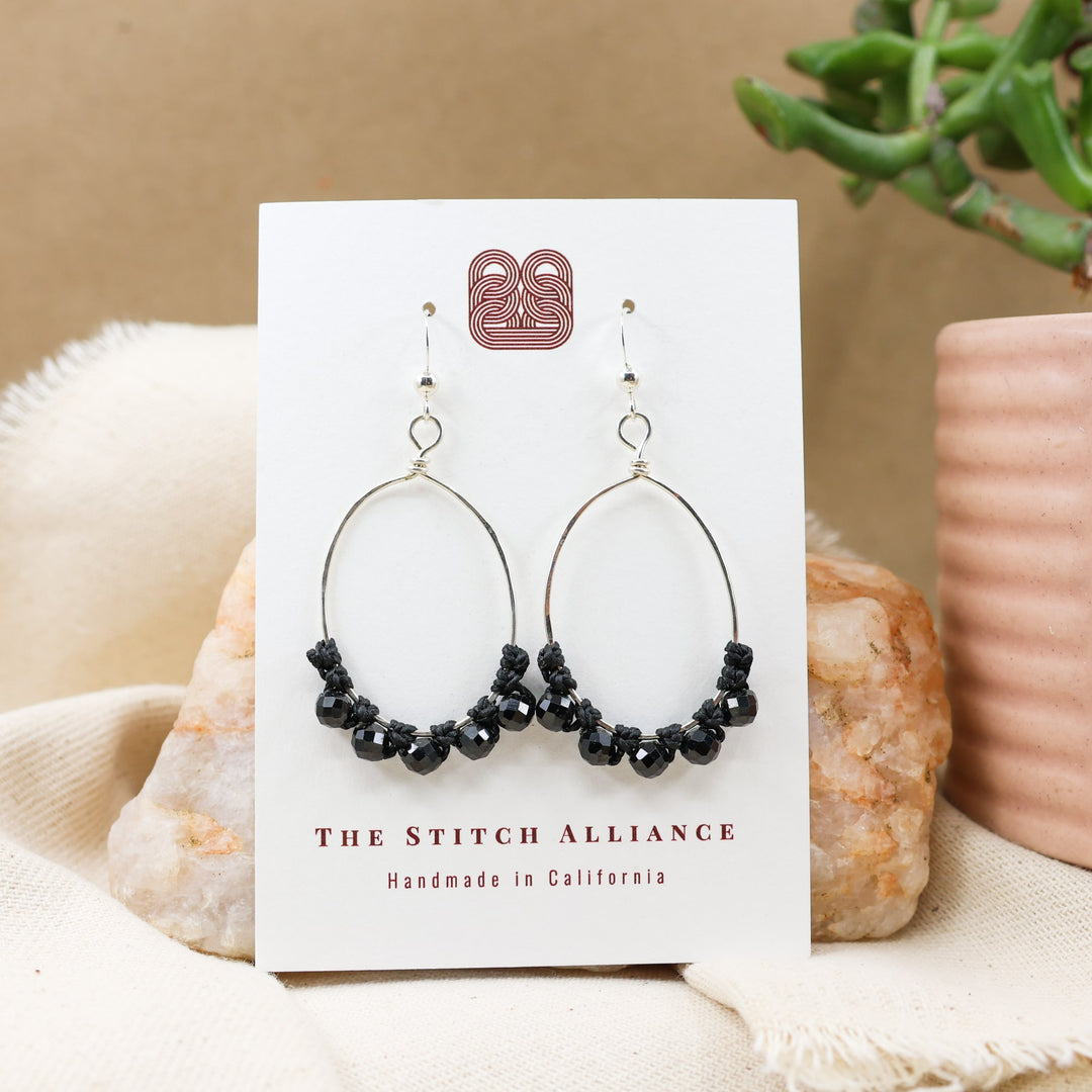 handmade black spinel sterling silver oval hoop earrings
