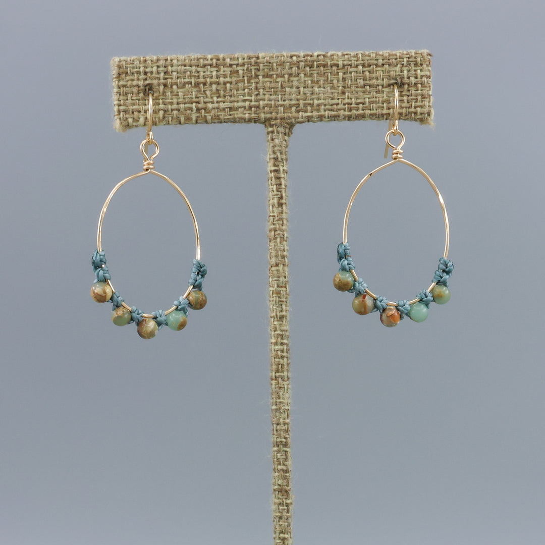 handmade gold hoop macrame earrings with aqua terra jasper beads