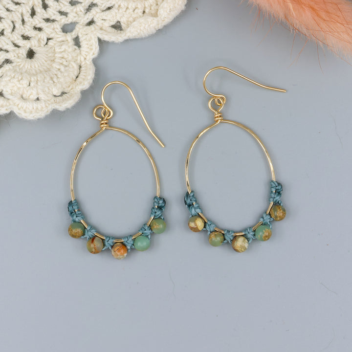 handmade gold hoop macrame earrings with aqua terra jasper beads